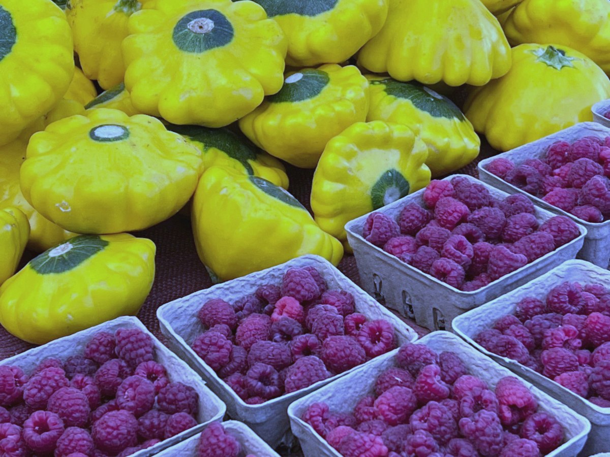 Photographs page: pattypan squash and raspberries at market; Research page: the farmers market stall